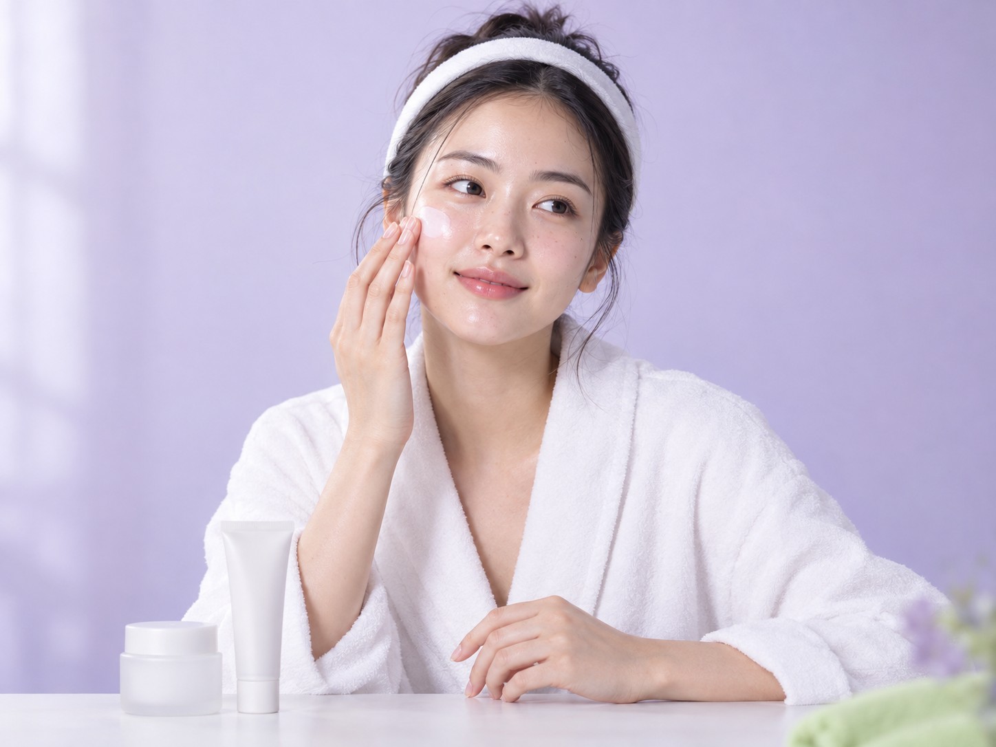 Mujer aplicándose crema facial en un tocador con productos de cuidado de la piel