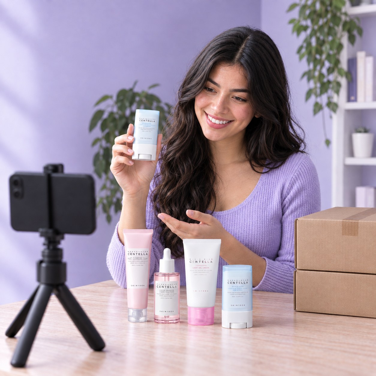 Mujer grabando un video para redes sociales con productos de skincare y cajas de envío