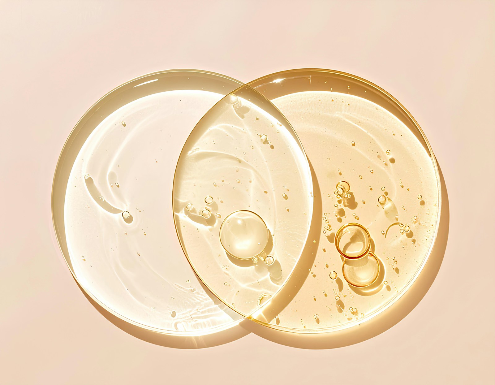 Gotas de serum y gel superpuestas mostrando su textura líquida
